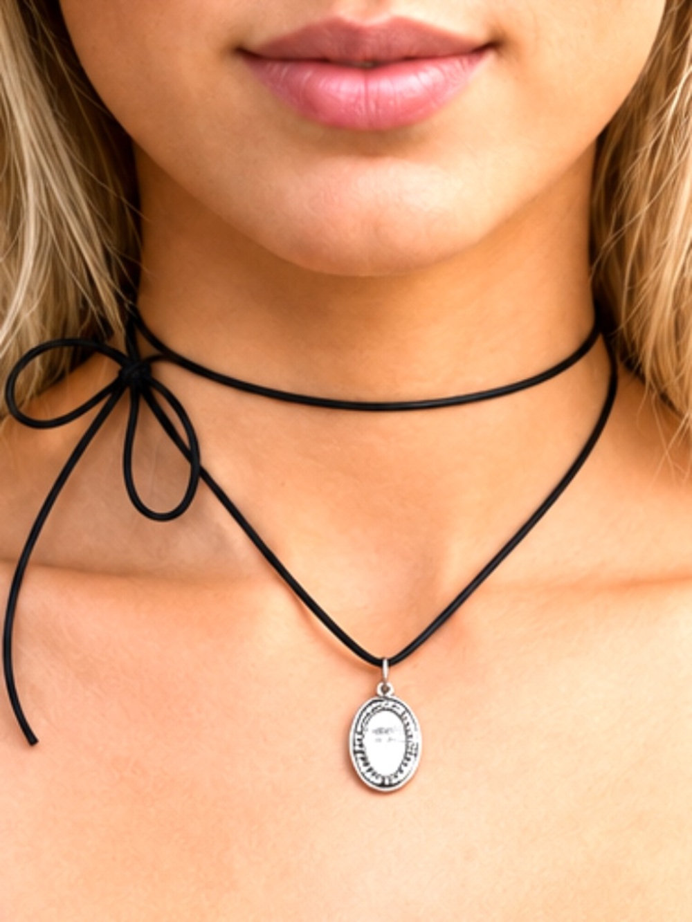 GANZ Photo Locket Necklace Oval Silver Tone Black Satin Cord 54" NWOT Pendant